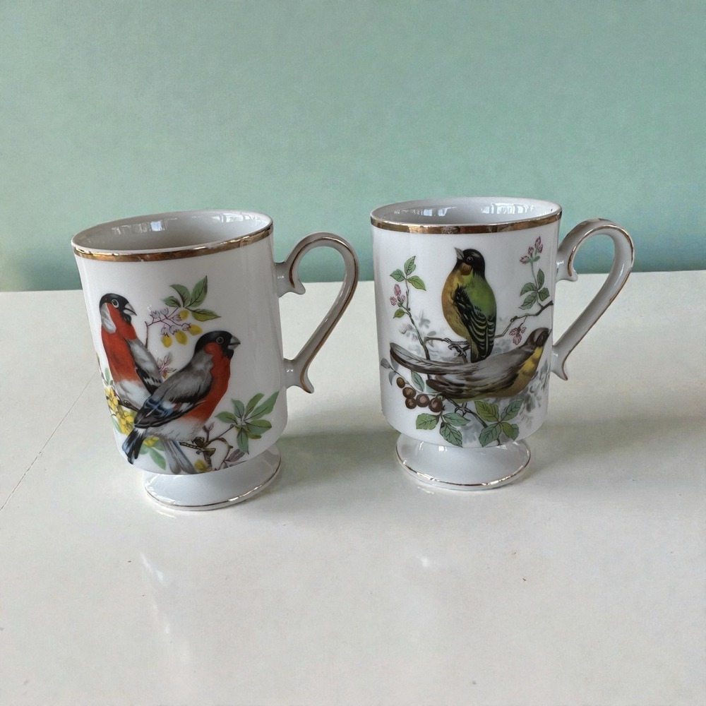 Bird Coffee Tea Cups Mugs‎ Royal Crown Porcelain Footed Pedestal Cottagecore